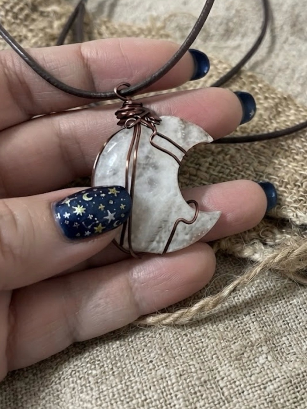 Moon-Shaped White Stone Pendant Necklace with Copper Wire Wrap